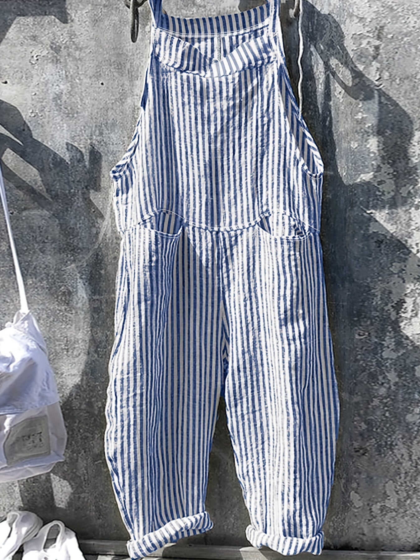 Mono sin mangas a rayas de talla grande para mujer, casual, con bolsillos, de una pieza