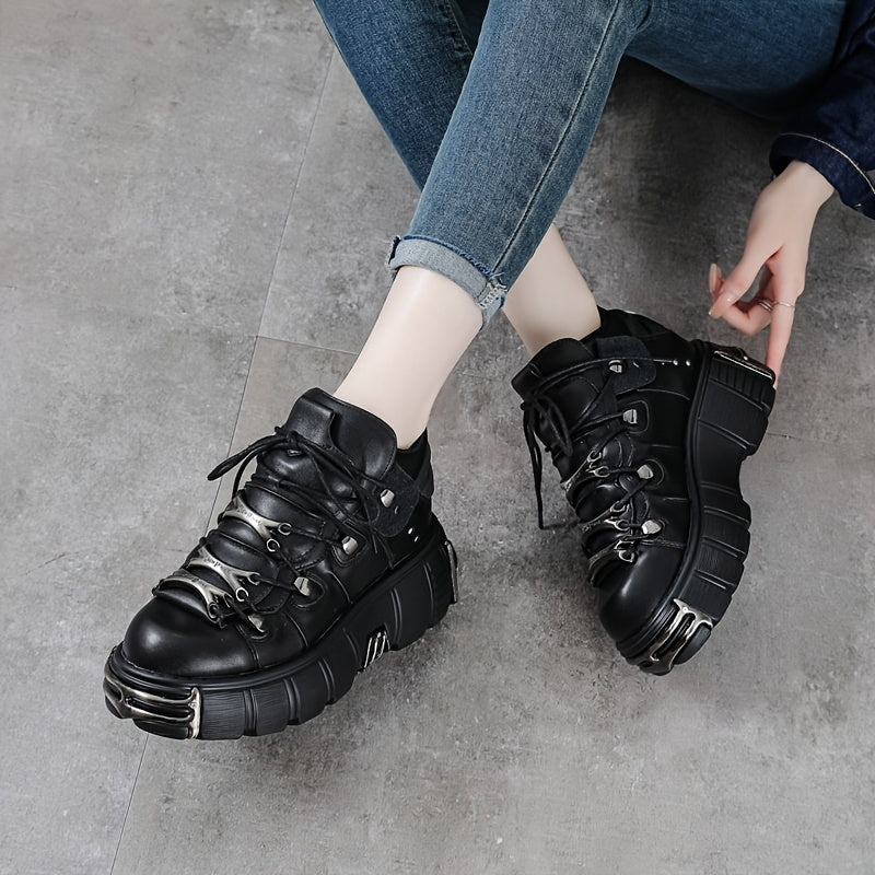 Женские ботинки на каблуке в панк-стиле черные с круглым носком, шнуровка, сетчатые