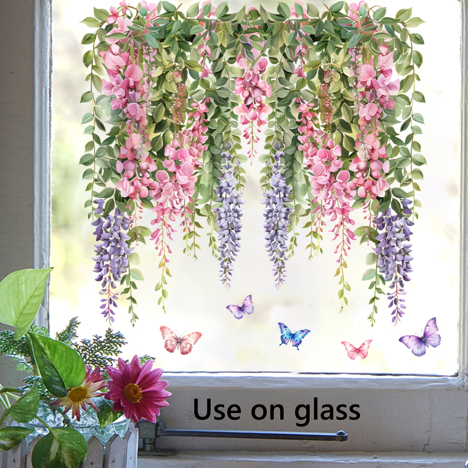 Pink and Purple Floral Window Clings Set for Glass Surfaces, No Glue Needed