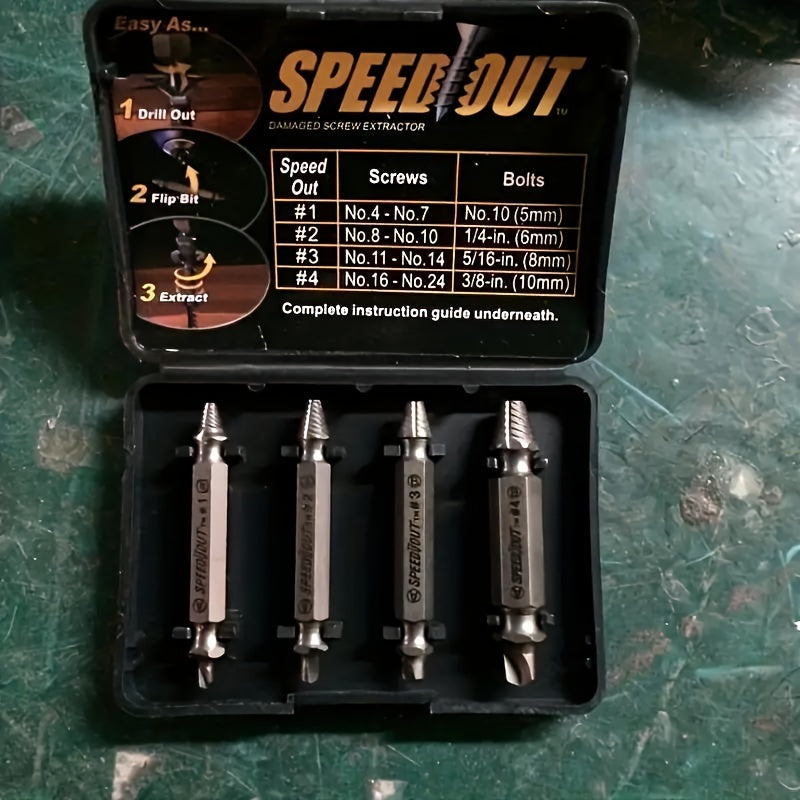 Juego de extractores de tornillos de acero de 4 piezas para quitar tornillos rotos