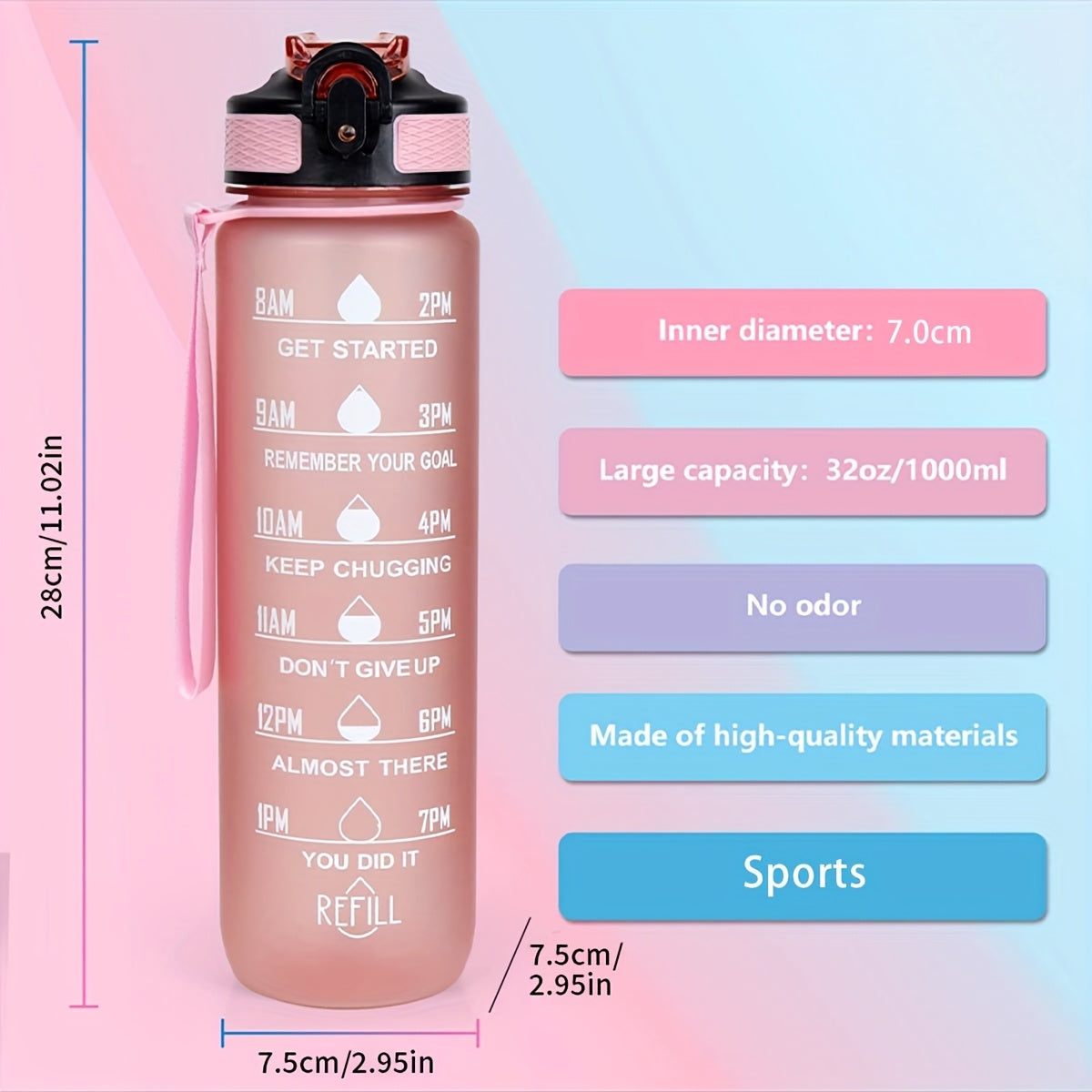 32oz Leak-Proof Gradient Water Bottle with Carry Strap for Hiking and Active Use