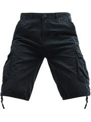 Erkaklar uchun katta o'lchamdagi paxta kargo shortlari, bir rangli ko'cha uslubida, bir nechta cho'ntaklar bilan va oddiy moslashuvda. Cho'zilmaydigan to'qilgan mato.