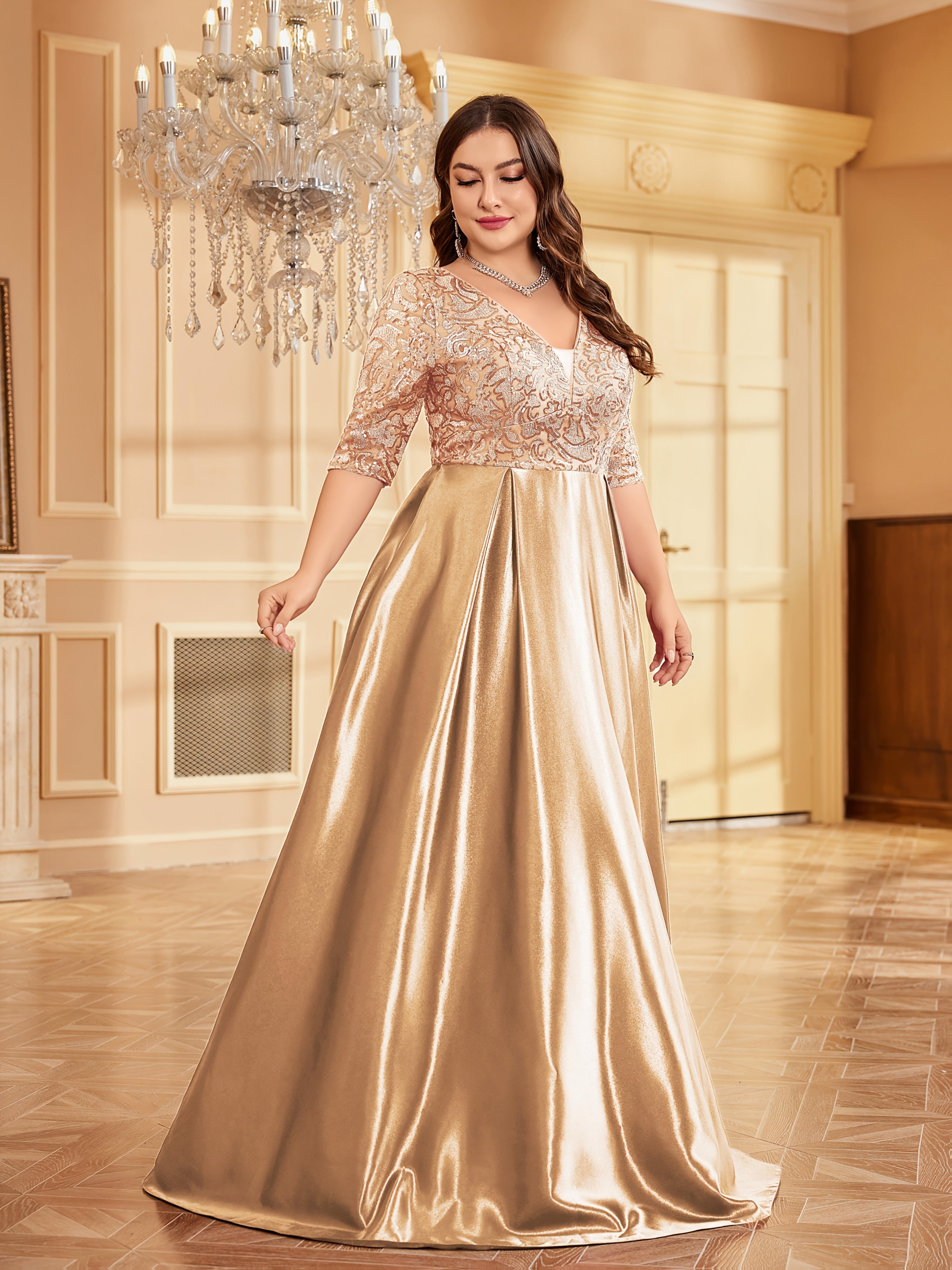 Women Long Dress Solid Color Mid-Sleeve Sequin Party Evening Gown