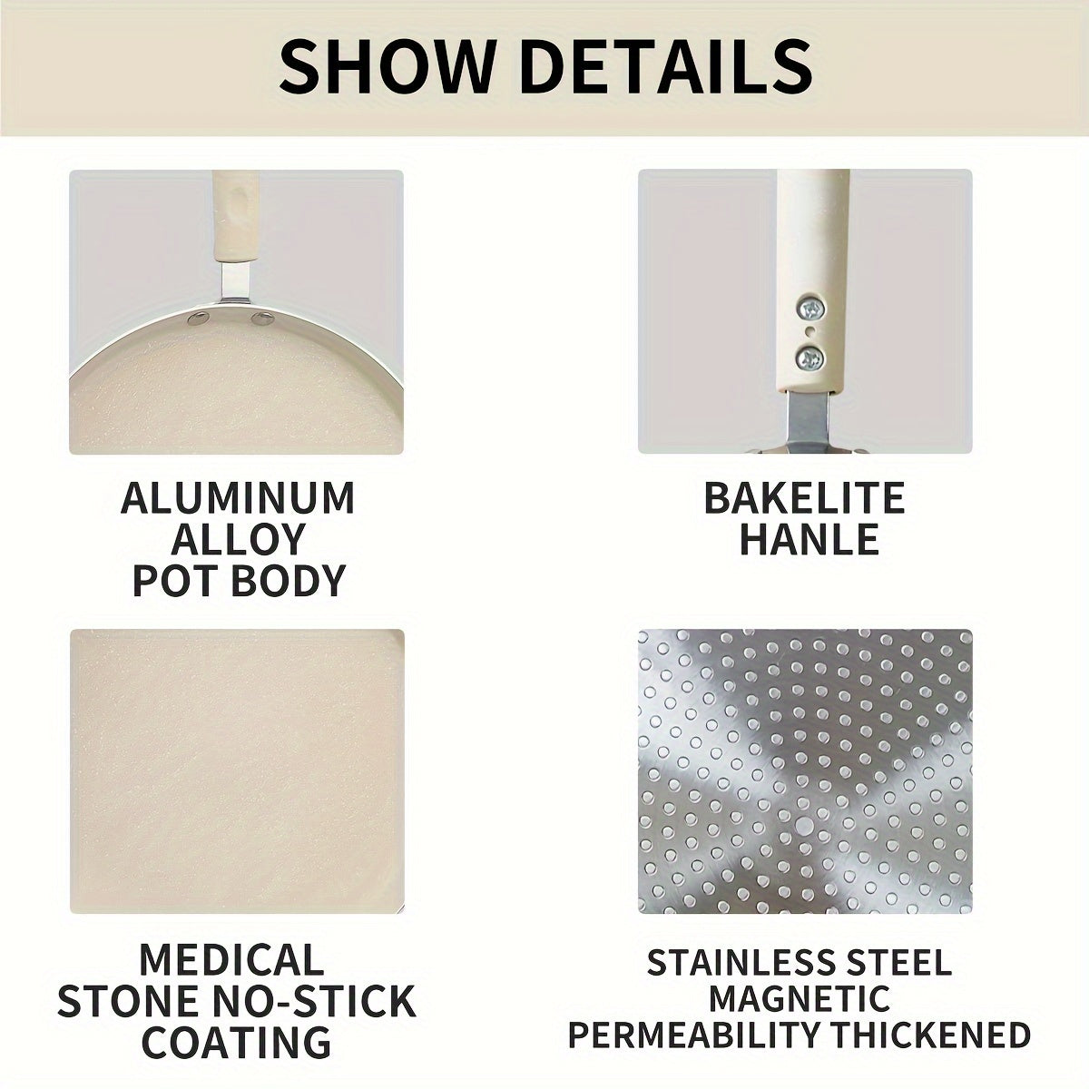 Gaz, elektr va induksiya uchun bej Maifan toshi va yog'och tutqichli yopishmaydigan krepe panlar to'plami