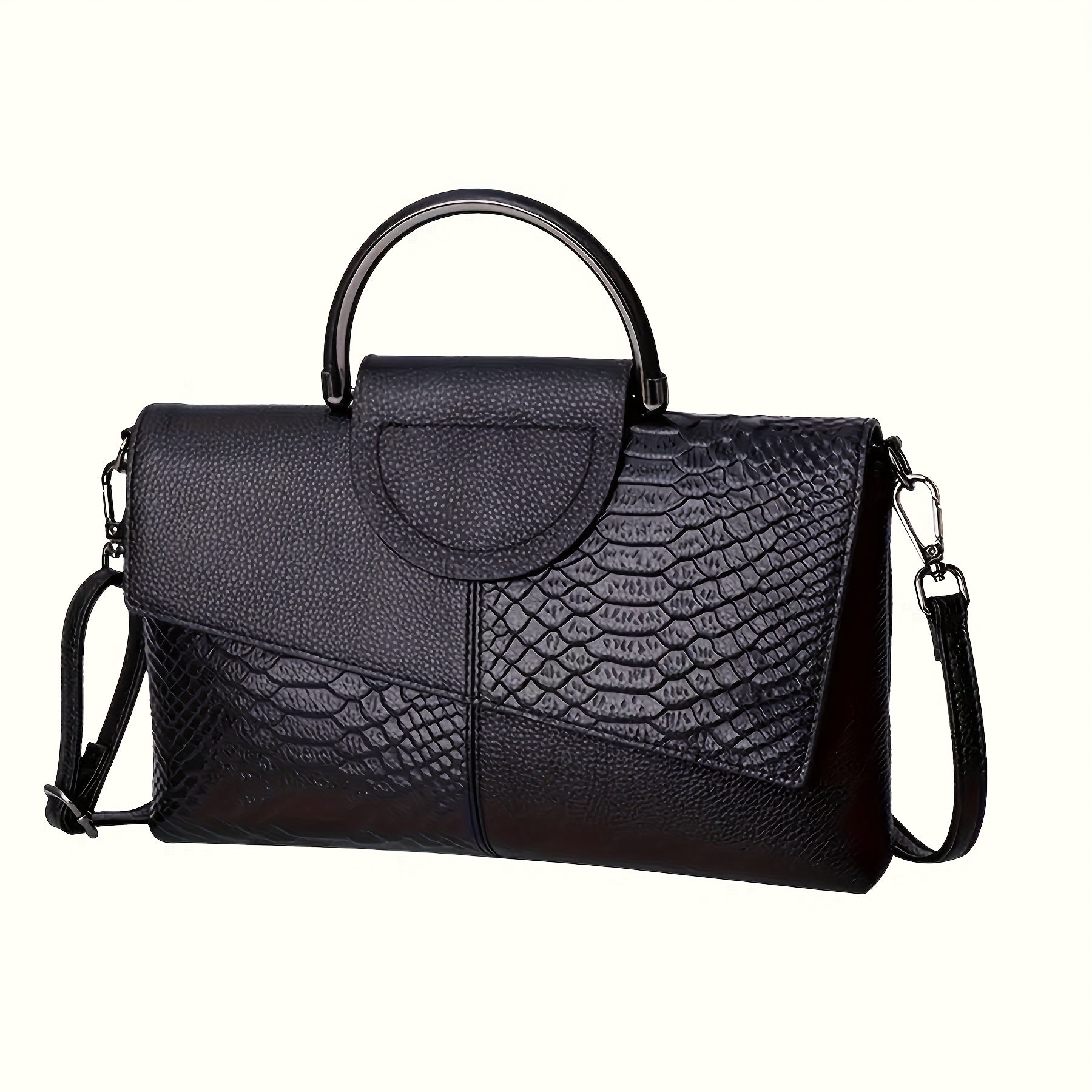 Crocodile Pattern Faux Leather Handbag for Work and Shopping Black