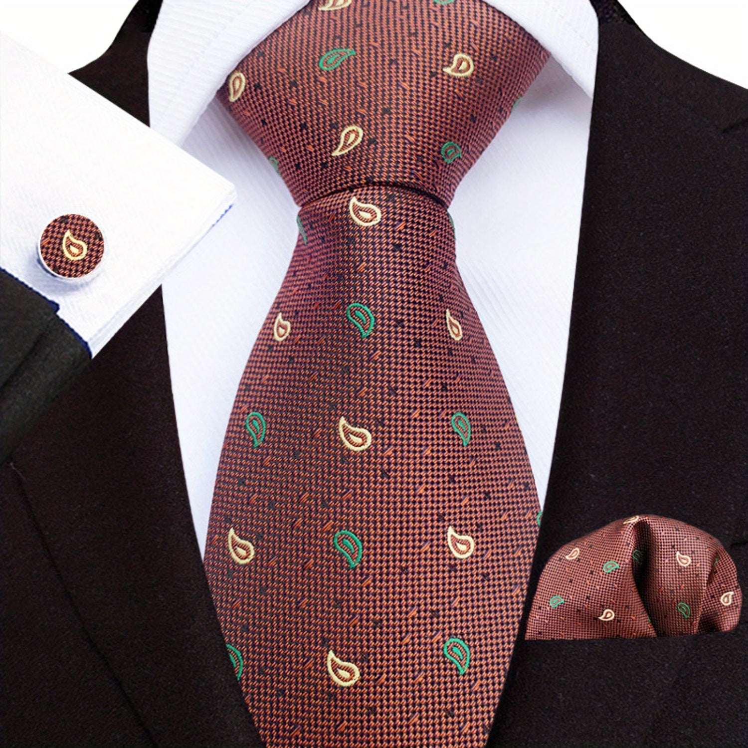 Men's Paisley Floral Necktie Set with Handkerchief and Clip for Formal Occasions