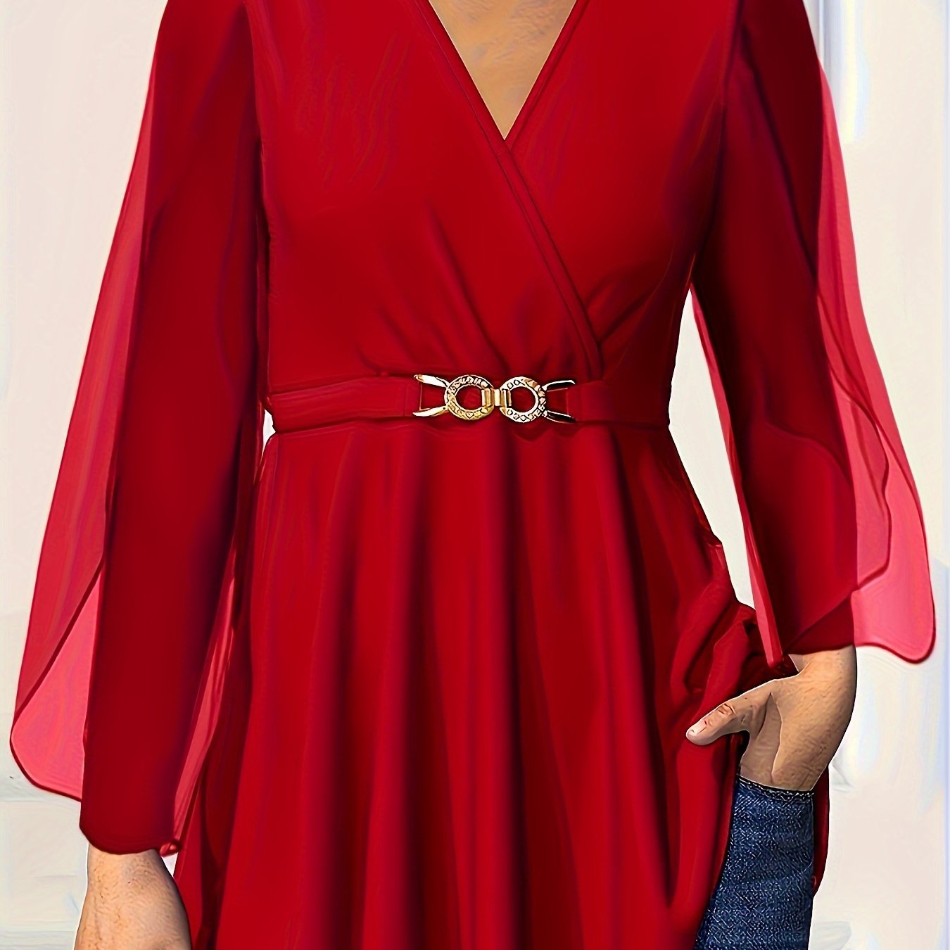Women's Chiffon V-Neck Blouse with Cinched Waist Long Sleeve Solid Color