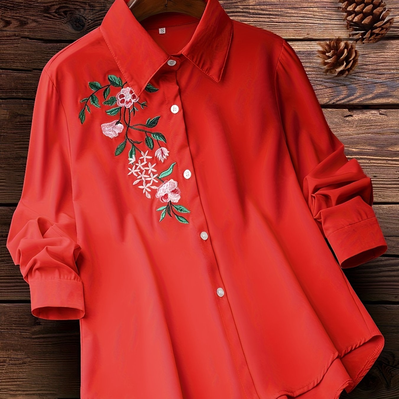 Women's Embroidered Floral Woven Shirt with Lapel Collar for Spring and Fall
