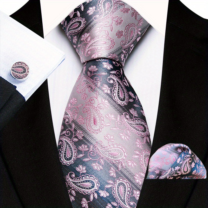 Men's Floral Plaid Necktie and Handkerchief Clip Set for Business and Weddings