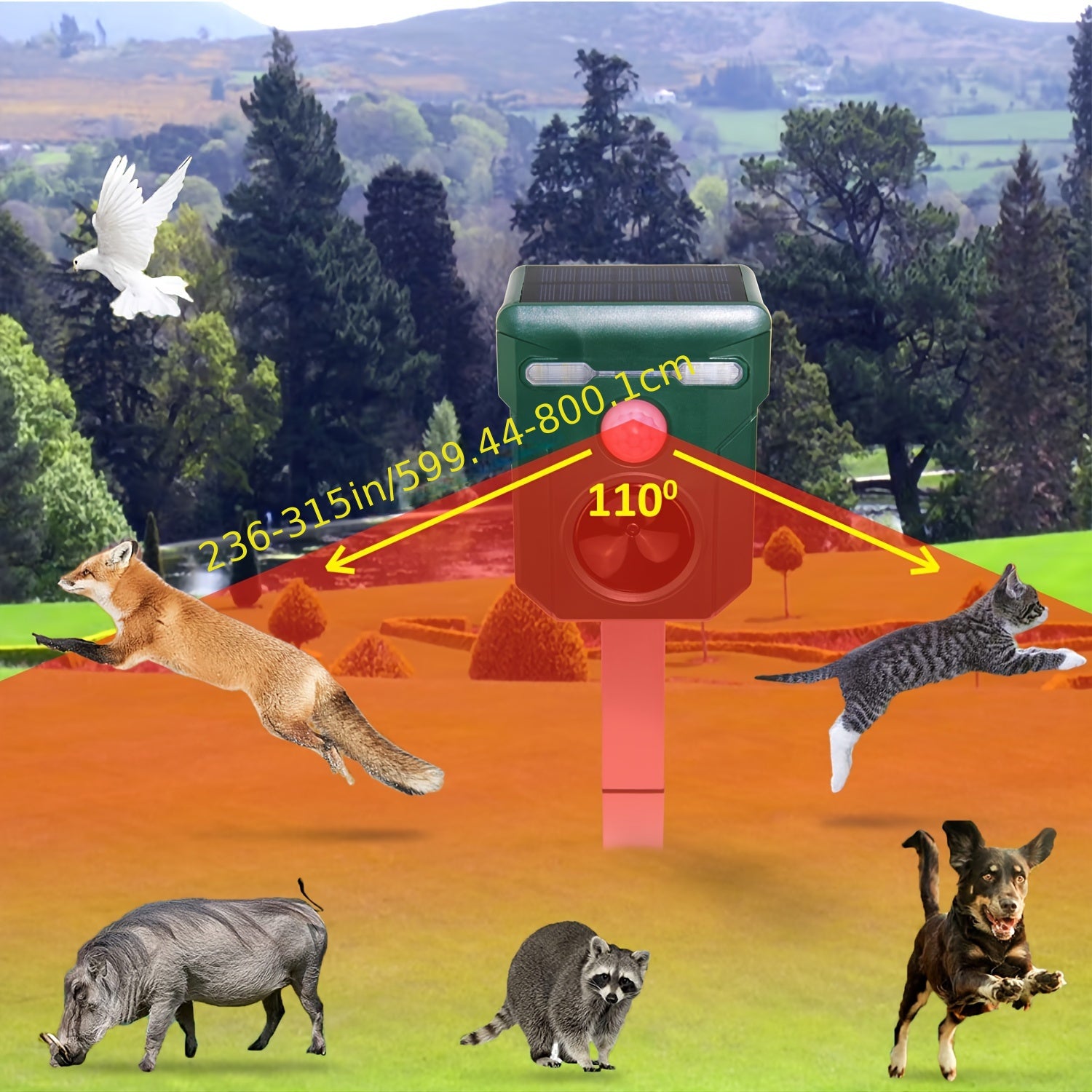 Outdoor Solar Ultrasonic Animal Repeller with Motion Light Sensor and Adjustable Sound and Flashing LED Lights