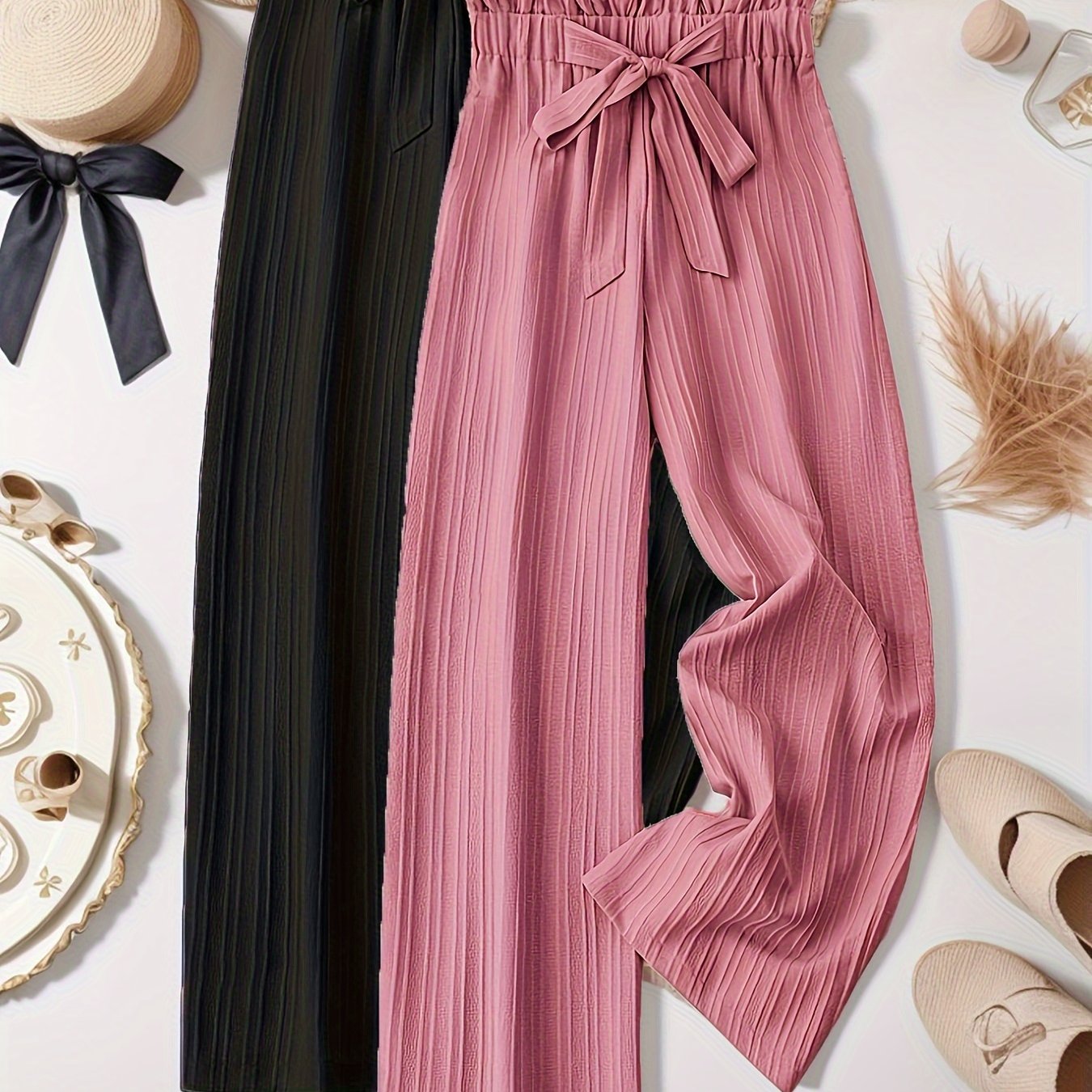 Plus Size Women’s Striped Pleated Long Pants Two Pack Casual Autumn Spring