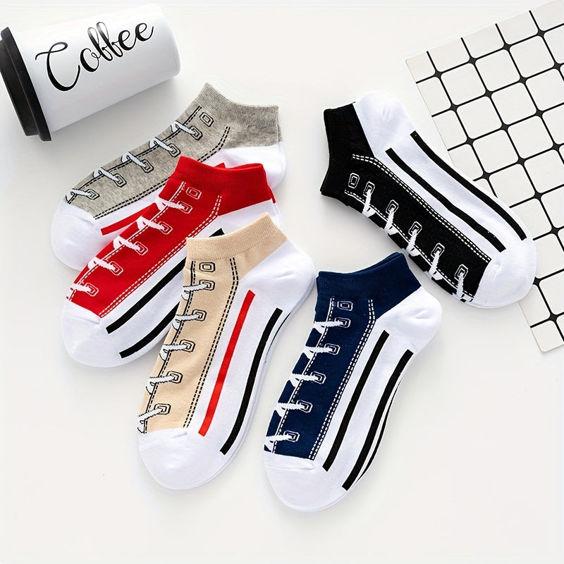 Men's Ankle Socks 5 Pairs Cartoon Shoelace Print Breathable Sweat-Absorbing