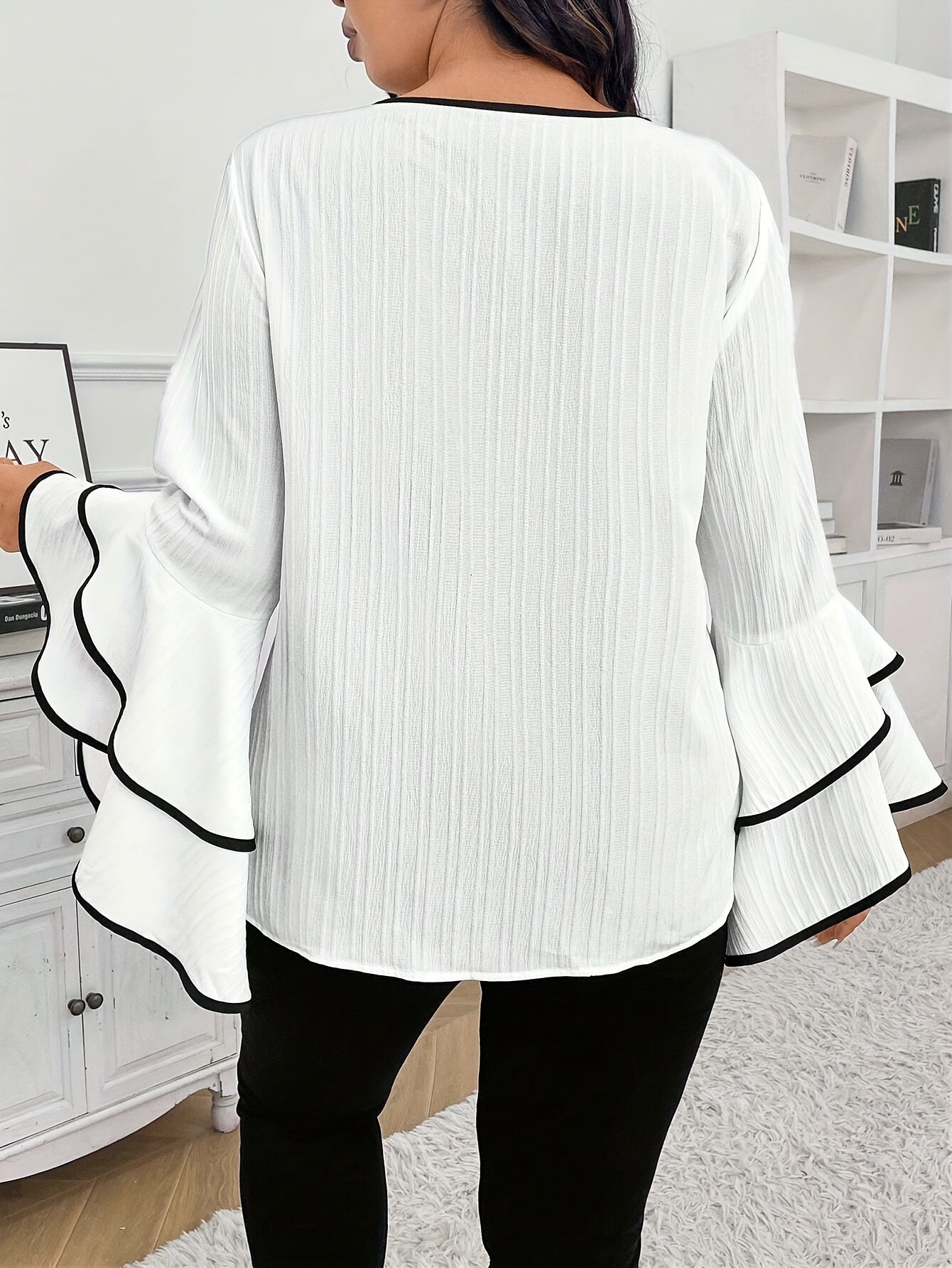 Plus Size Blouse Contrast Trim Crew Neck Ruffle Sleeve Spring Fall Women's Clothing