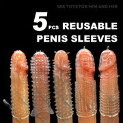 Erkaklar penis qoplamalari 5-bog'lam shaffof teksturali qayta ishlatiladigan kattalar o'yinchoqlari juftliklar uchun