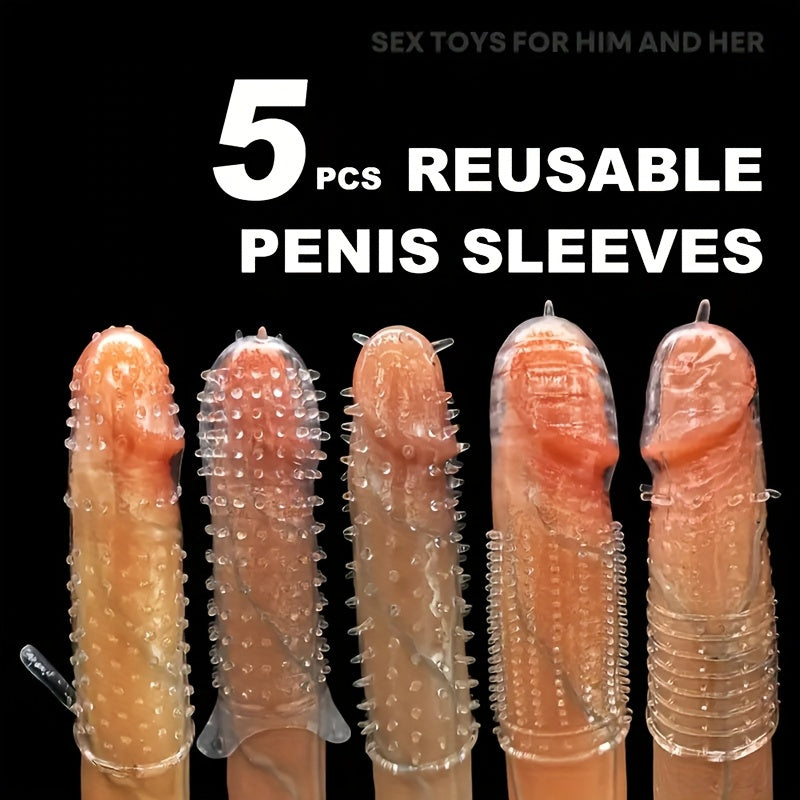 Erkaklar penis qoplamalari 5-bog'lam shaffof teksturali qayta ishlatiladigan kattalar o'yinchoqlari juftliklar uchun