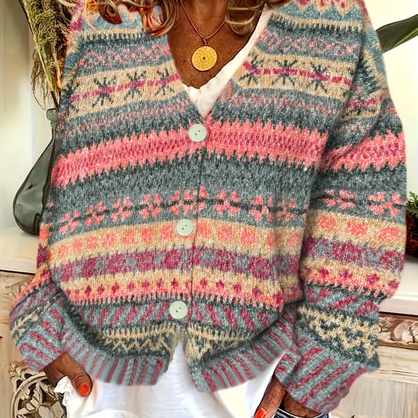 Plus Size Women's Long Sleeve Cardigan Geometric Pattern Open Front Sweater