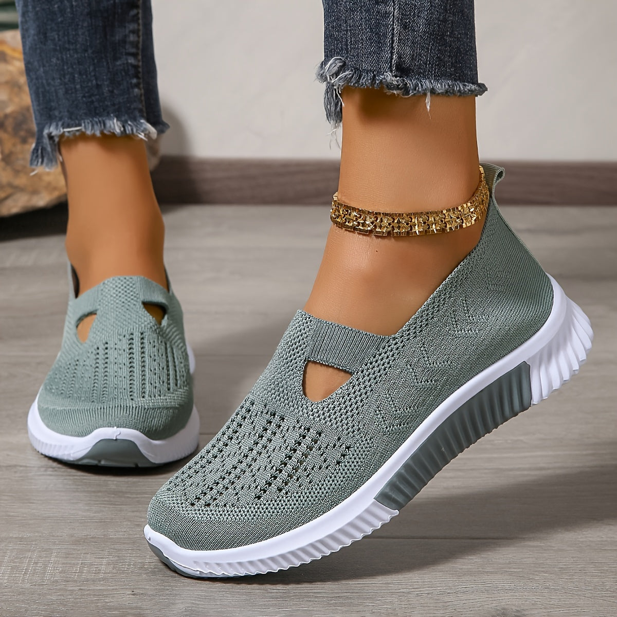 Women's Breathable Slip-On Sneakers Knit Fabric All-Season Walking Shoes