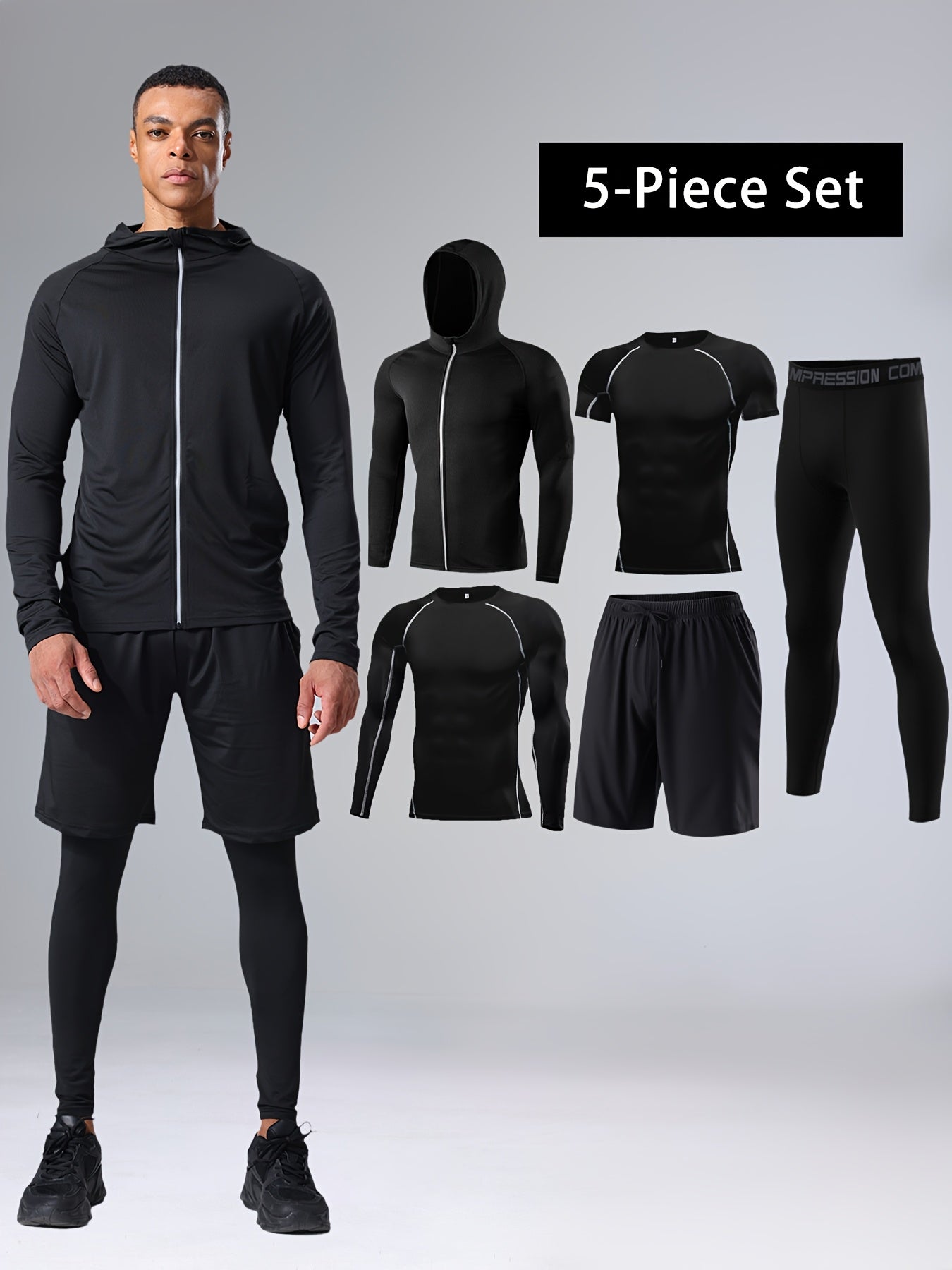 Men's Athletic Set 5-Piece Quick-Dry Compression Sportswear for Basketball and Fitness