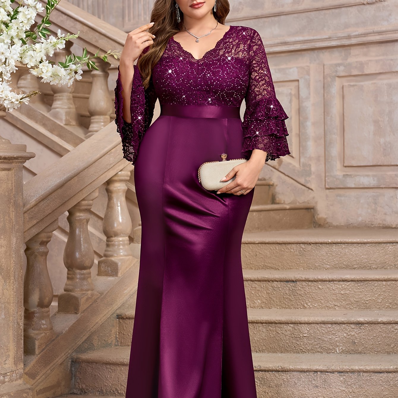 Plus Size V-Neck Sequin Lace Mermaid Dress for Weddings and Parties Navy Blue