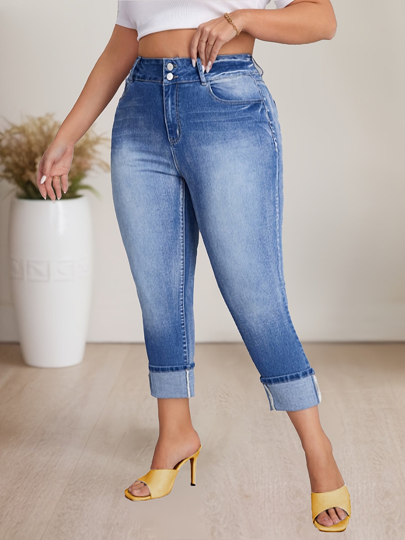 Women's Elastic High Waist Denim Seven-Eighth Pants Large Size