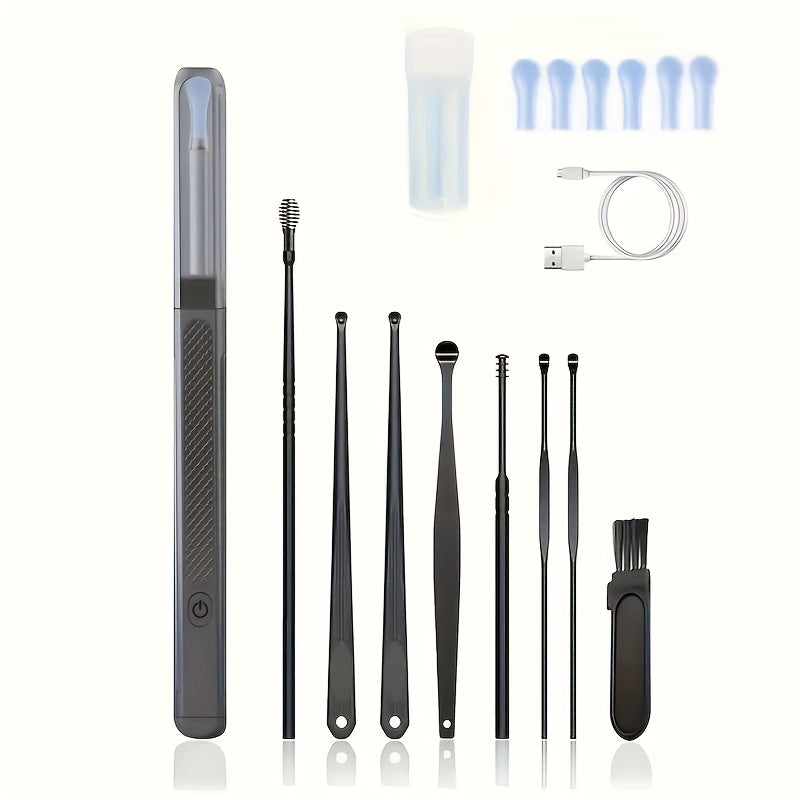 Kamerali yoritilgan quloq qopqog'ini tozalash vositasi, 6 ta silikon quloq qoshiqni o'z ichiga olgan 8 dona to'plam, qayta zaryadlanadigan litiy batareya, USB zaryadlash, 130mAh, zamonaviy quloq qopqog'ini olib tashlash aksessuar.