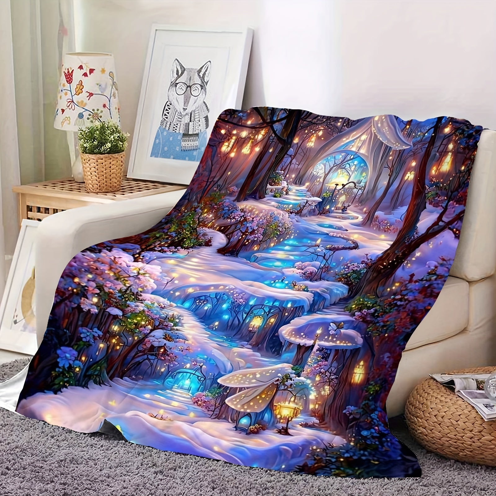 All-Season Forest Night Scene Blanket Flannel Digital Print Machine Washable