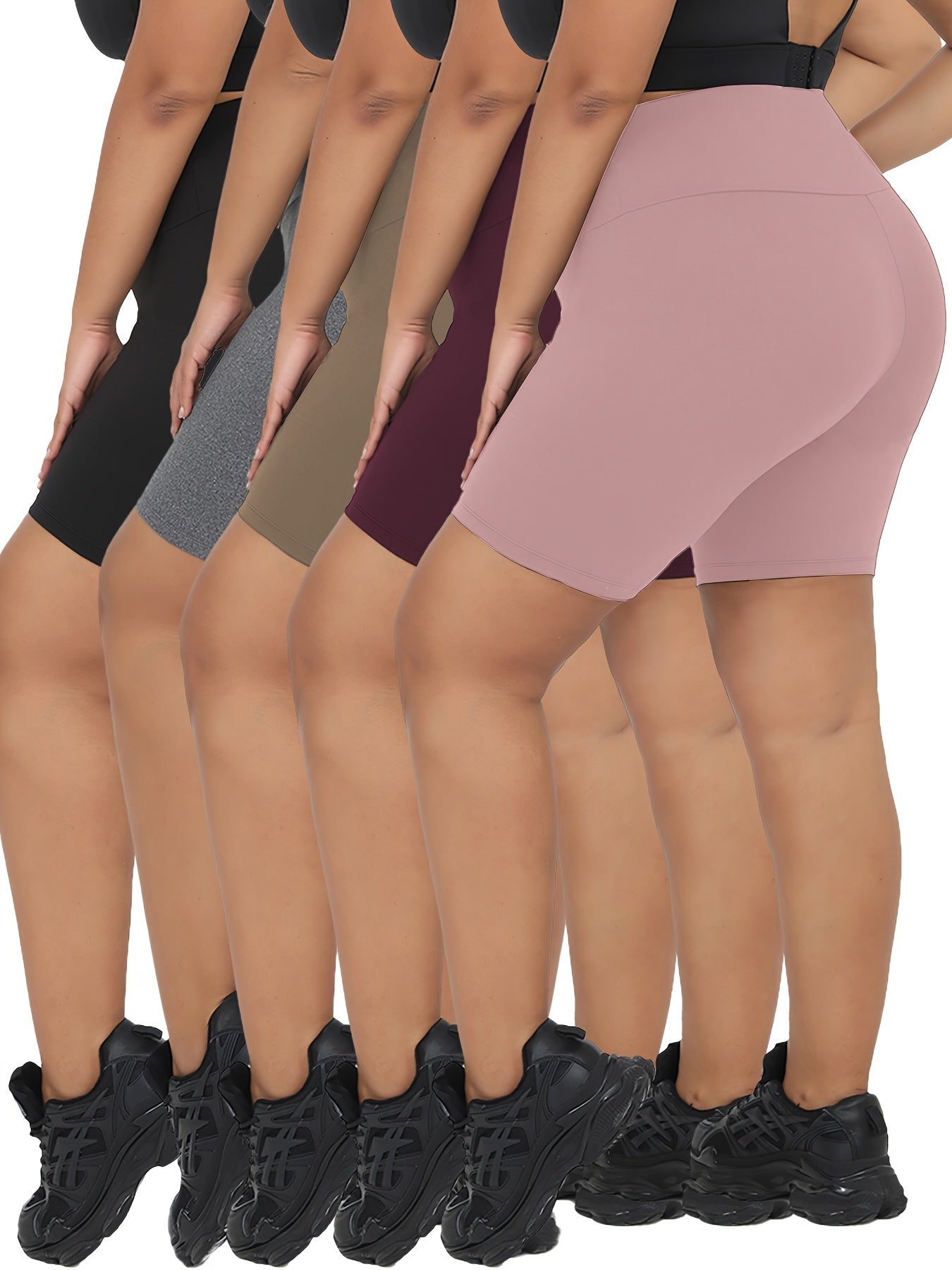 Women Plus Size High-Waisted Biker Shorts 5-Pack Solid Color Sports Yoga