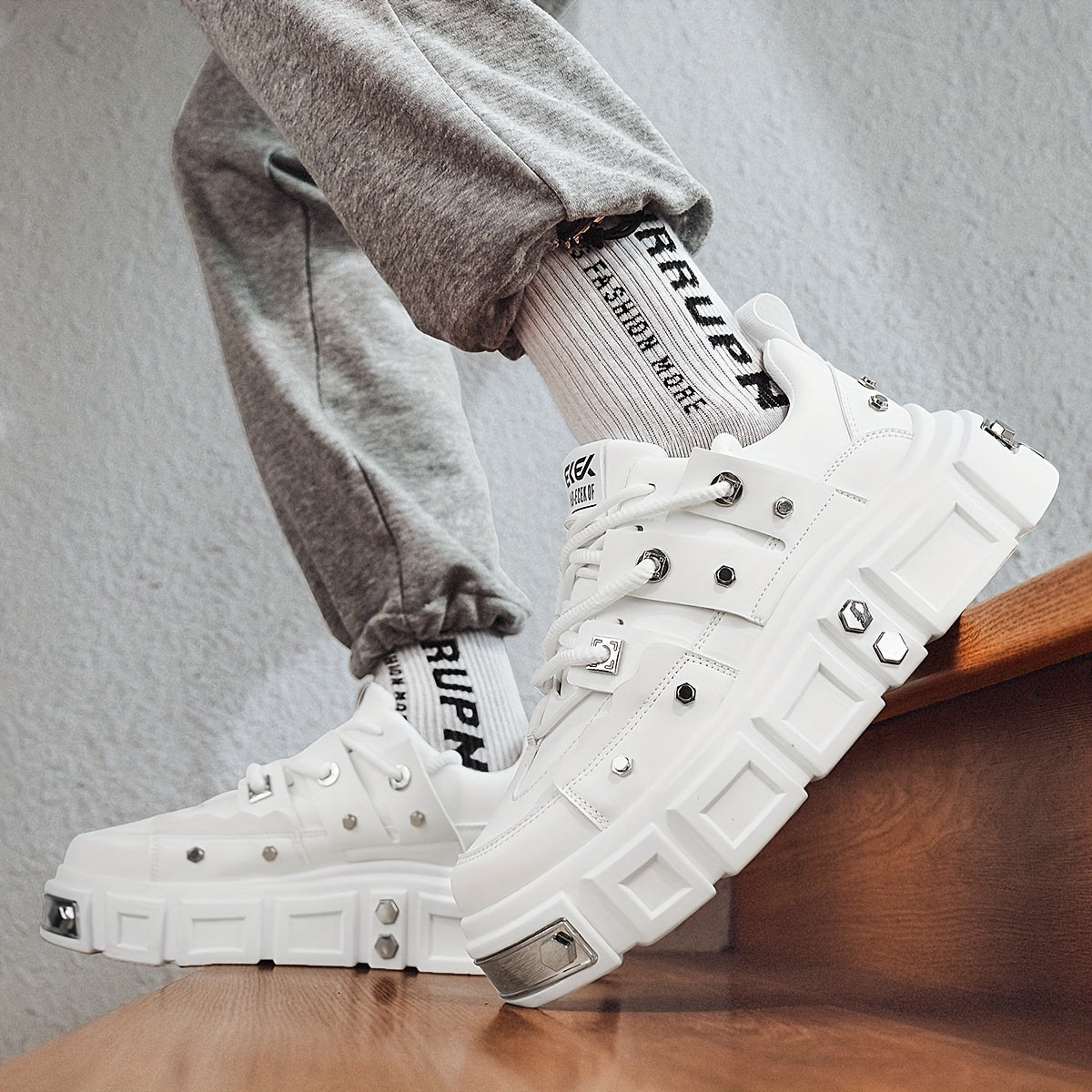 Unisex White Chunky Sneakers with Metal Stud Accents for Streetwear and Skateboarding