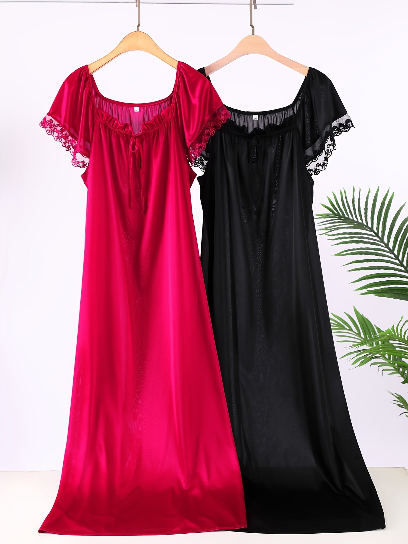 Women's Satin Sleep Dresses with Lace Trim Square Neck Short Sleeve Nightgowns in Red and Black Polyester Blend