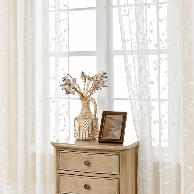 Pair Of Transparent Gauze Curtains With Floral Embroidery For Living Room Bedroom Outdoor