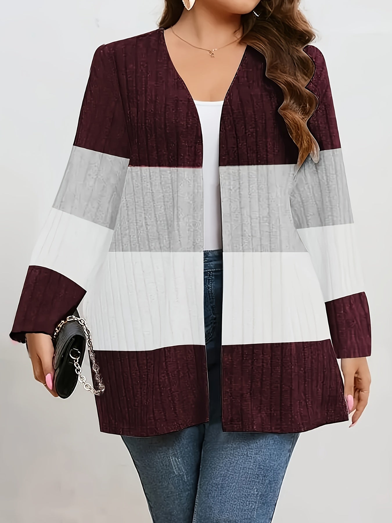 Women's Plus Size Plaid Polyester Knit Crew Neck Cardigan All-Season Sweater