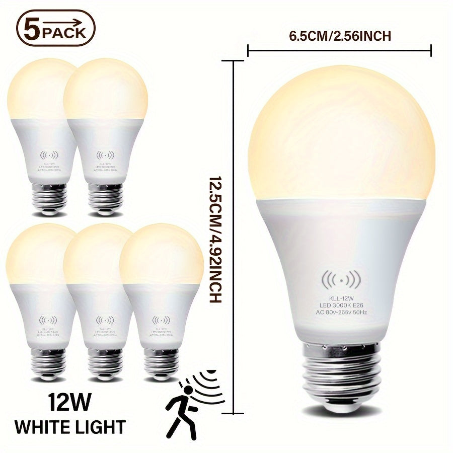 5 Kasotile LED Harakat Sensorli Lampalar, 9W/12W, 3000K/6000K, 1200LM, E26 Asos, Poydevorlar, O'tish joylari, Garajlar uchun Aqlli Yoritish. Energiya tejamkor, zamonaviy oq lampalar harakat sensoriga ega.