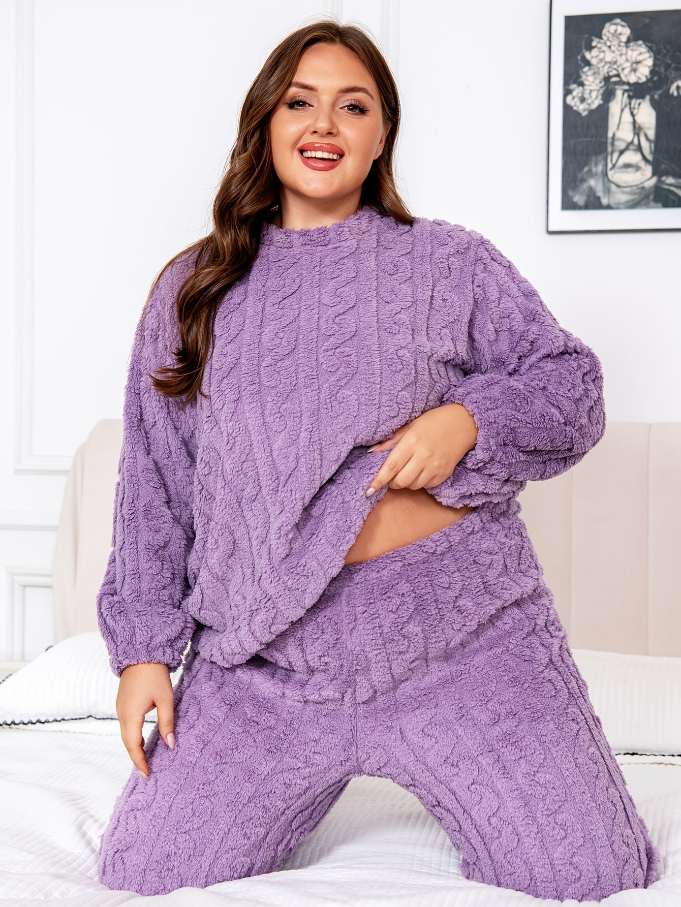 Women's Plus Size Fleece-Lined Flannel Pajama Set Long Sleeve Pants