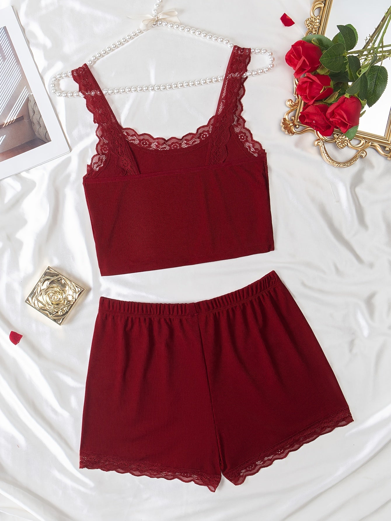 Women's Loungewear Set with Lace Trim Cami Top and Elastic Waist Shorts