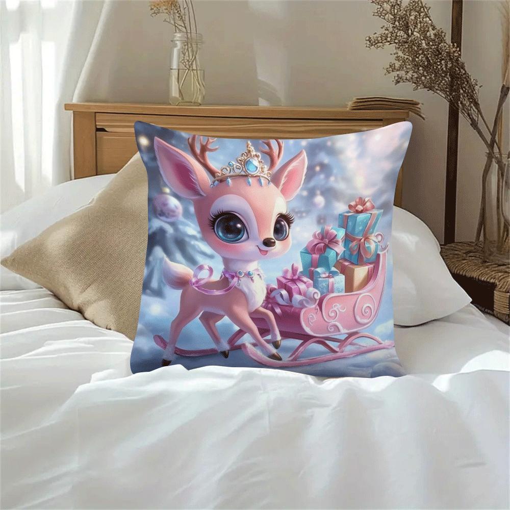 Festive Christmas Throw Pillow Cover 45cm Square Elf and Reindeer Design Polyester