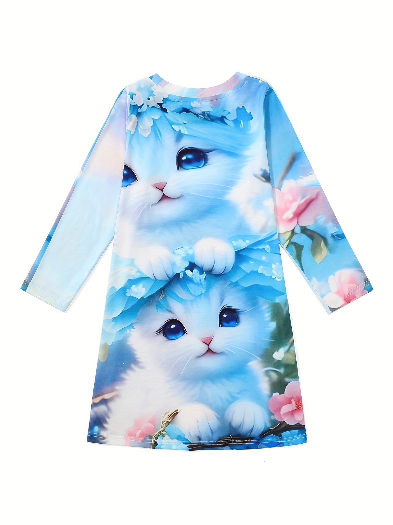 Girls Long Sleeve Dress with Kitty and Floral Pattern in Light Green Navy Blue Sky Blue