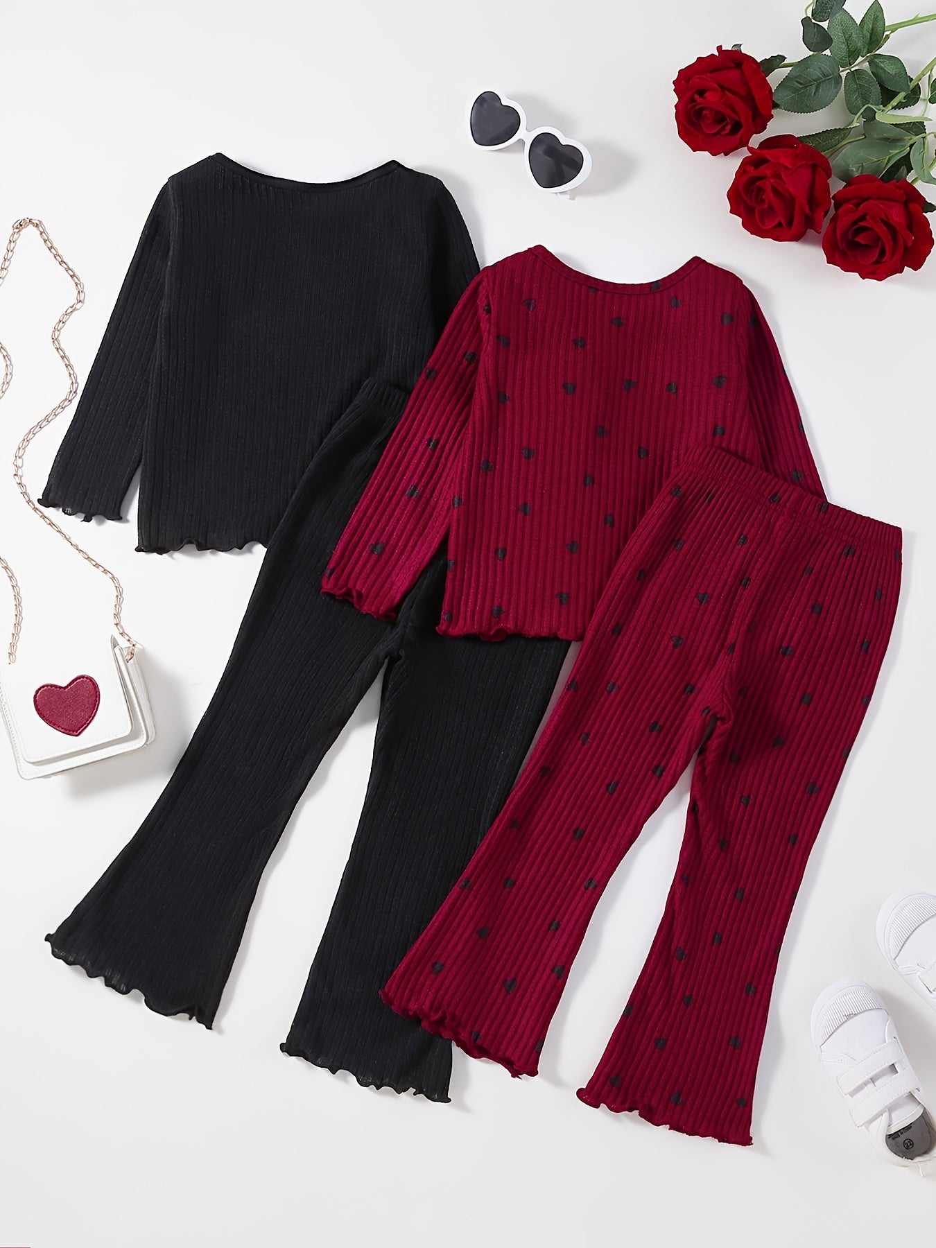 Детский комплект вязаной одежды с рюшей в черном и красном полиэстере для весны и осени