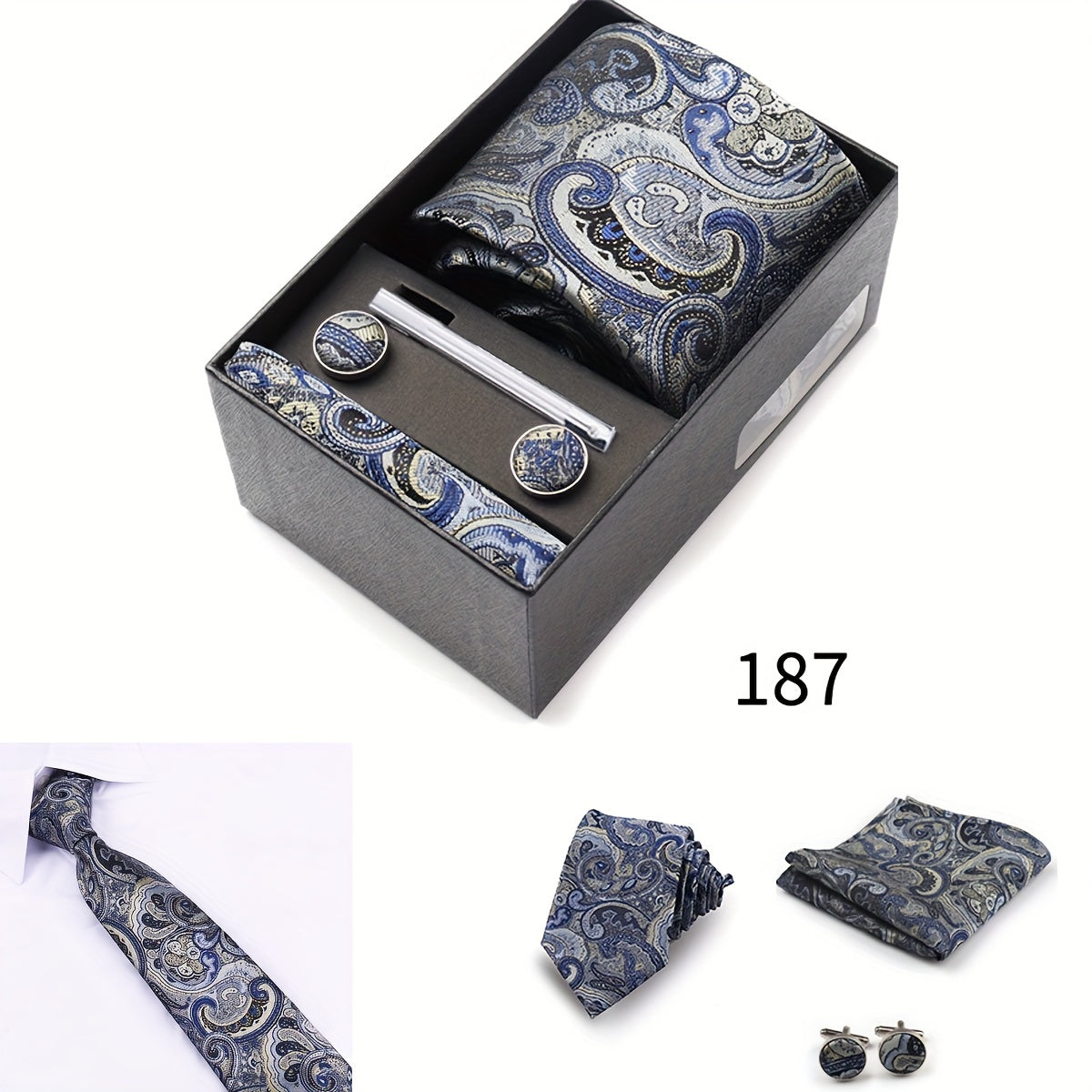 Men's Gift Set with Tie, Pocket Square, Tie Clip and Cufflinks for Weddings