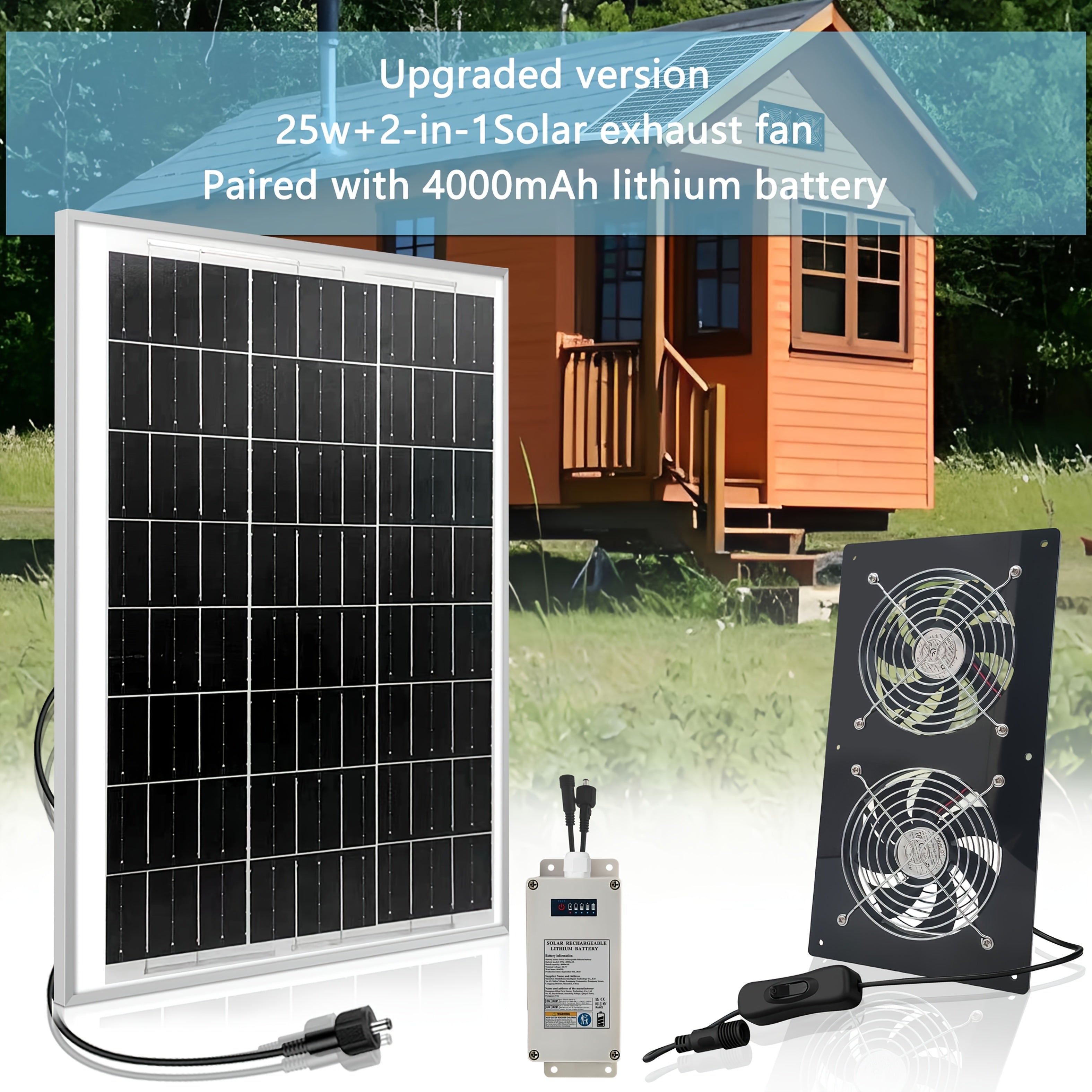 Quyosh energiyali chiqarish ventilyatori 25W, 4000mAh batareyali, ichki va tashqi sovutish uchun