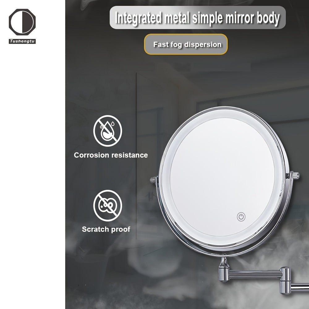 Wall-Mounted LED Makeup Mirror with Double-Sided Magnification 1X/10X Adjustable Brightness Chrome Frame