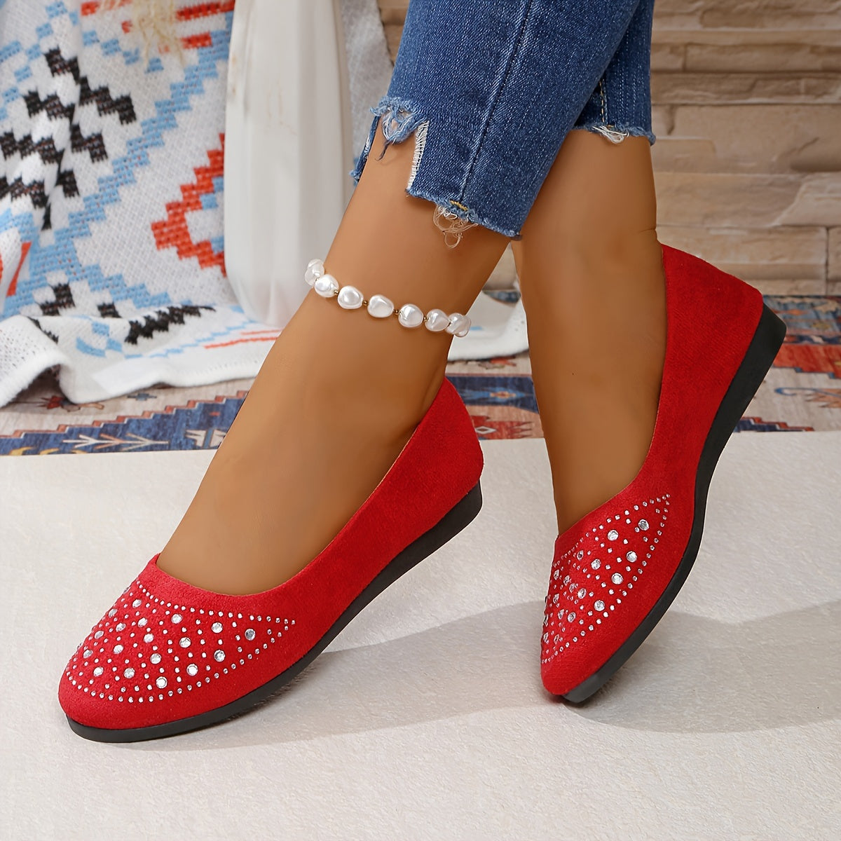 Women's Slip-On Flats with Rhinestone Accents Comfortable Lightweigh