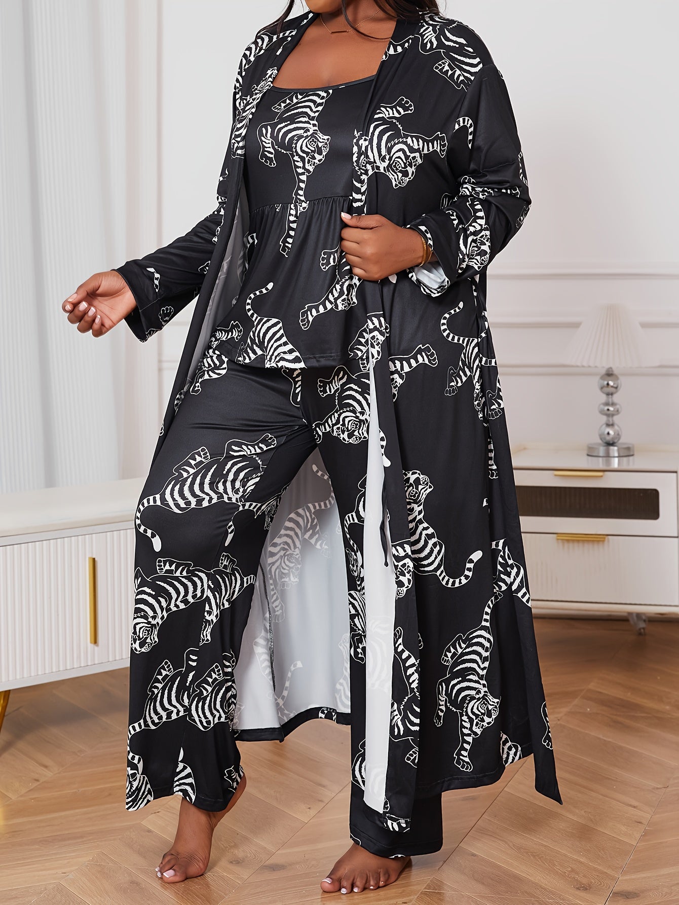 Women's Plus Size Lounge Set Tiger Print Cami Top Pants Robe Pajama Fall Winter