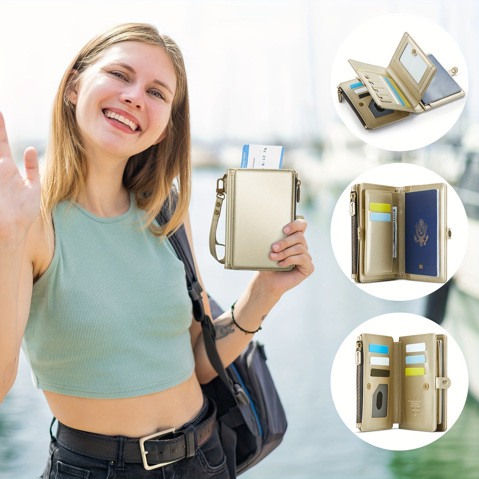 Faux Leather Passport Organizer with Zipper Coin Purse 11 Card Slots Cash Slots and Protective Cover