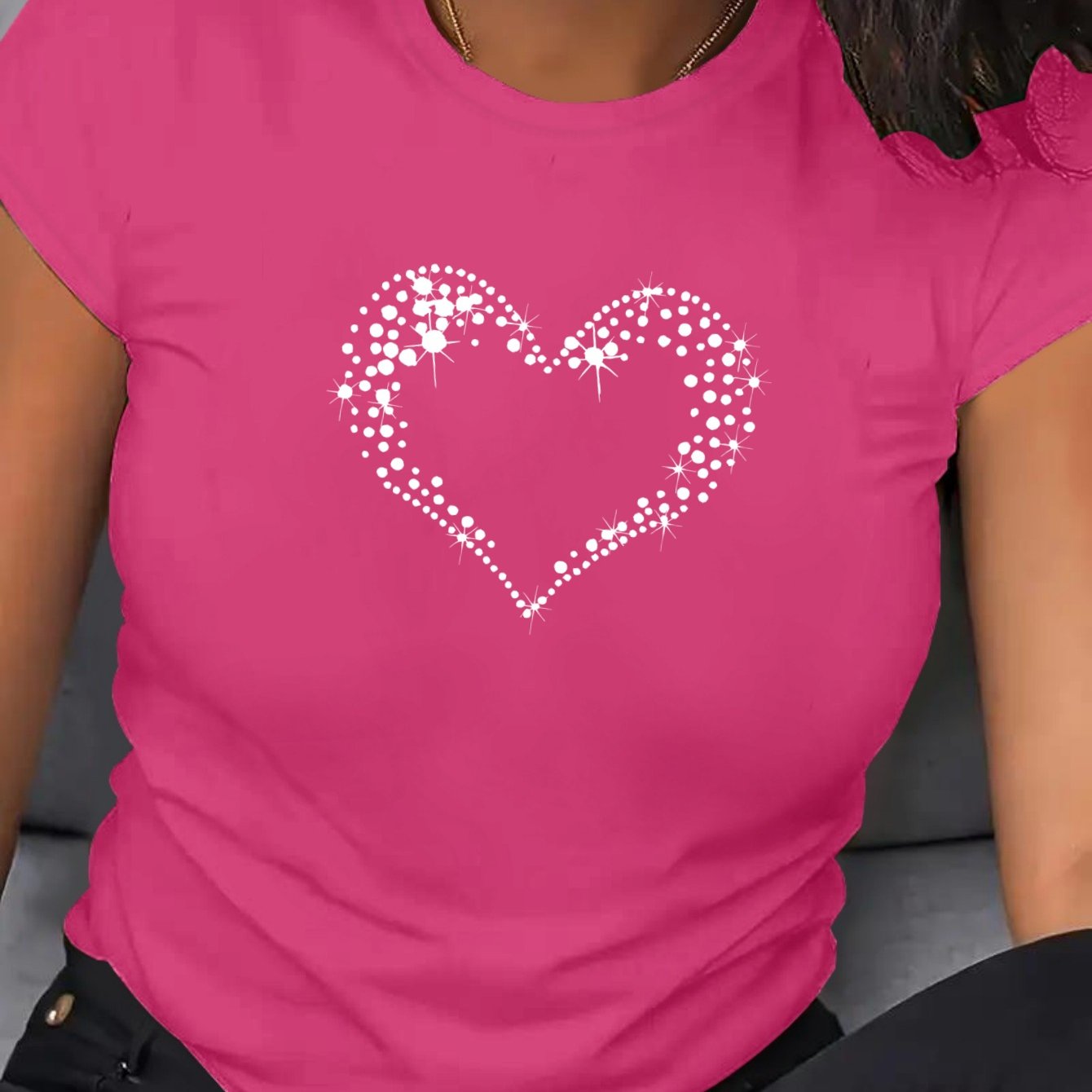 Women's Large Fit Heart Print T-Shirt - Soft Breathable Polyester Casual Short Sleeve