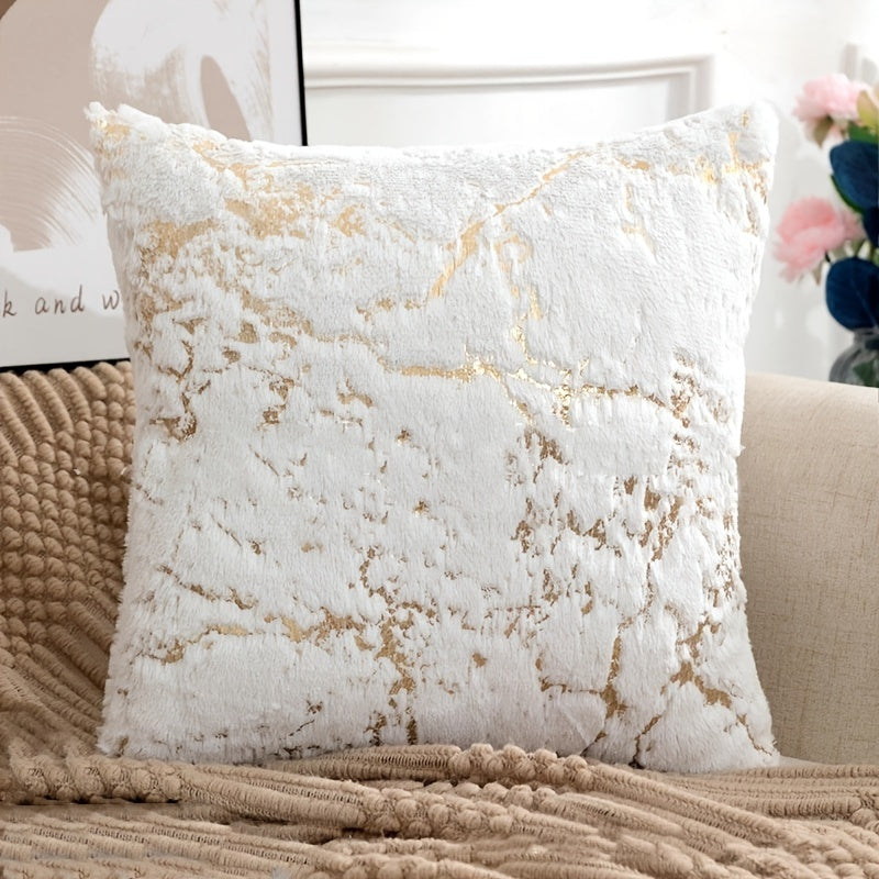 White and Gold Plush Fur Cushion Covers 17x17 Inches Decorative Throw Pillow Cases with Zipper