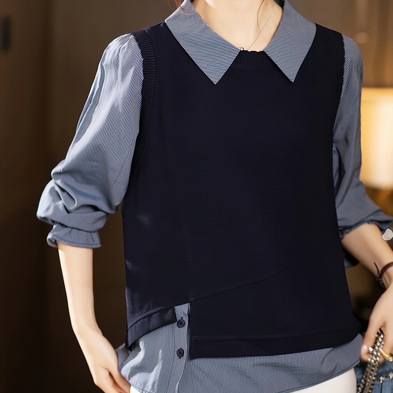 Women's Slim Faux Two-Piece Shirt Top Spring 2025 Loose Stitched