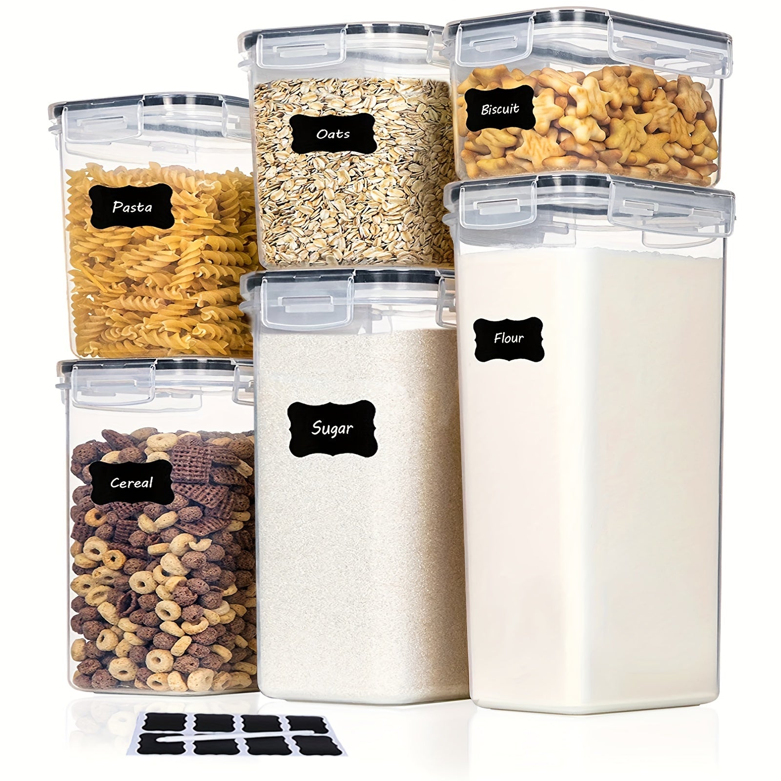 Juego de 6 o 12 recipientes de almacenamiento de alimentos a prueba de aire con tapas y etiquetas para alimentos secos