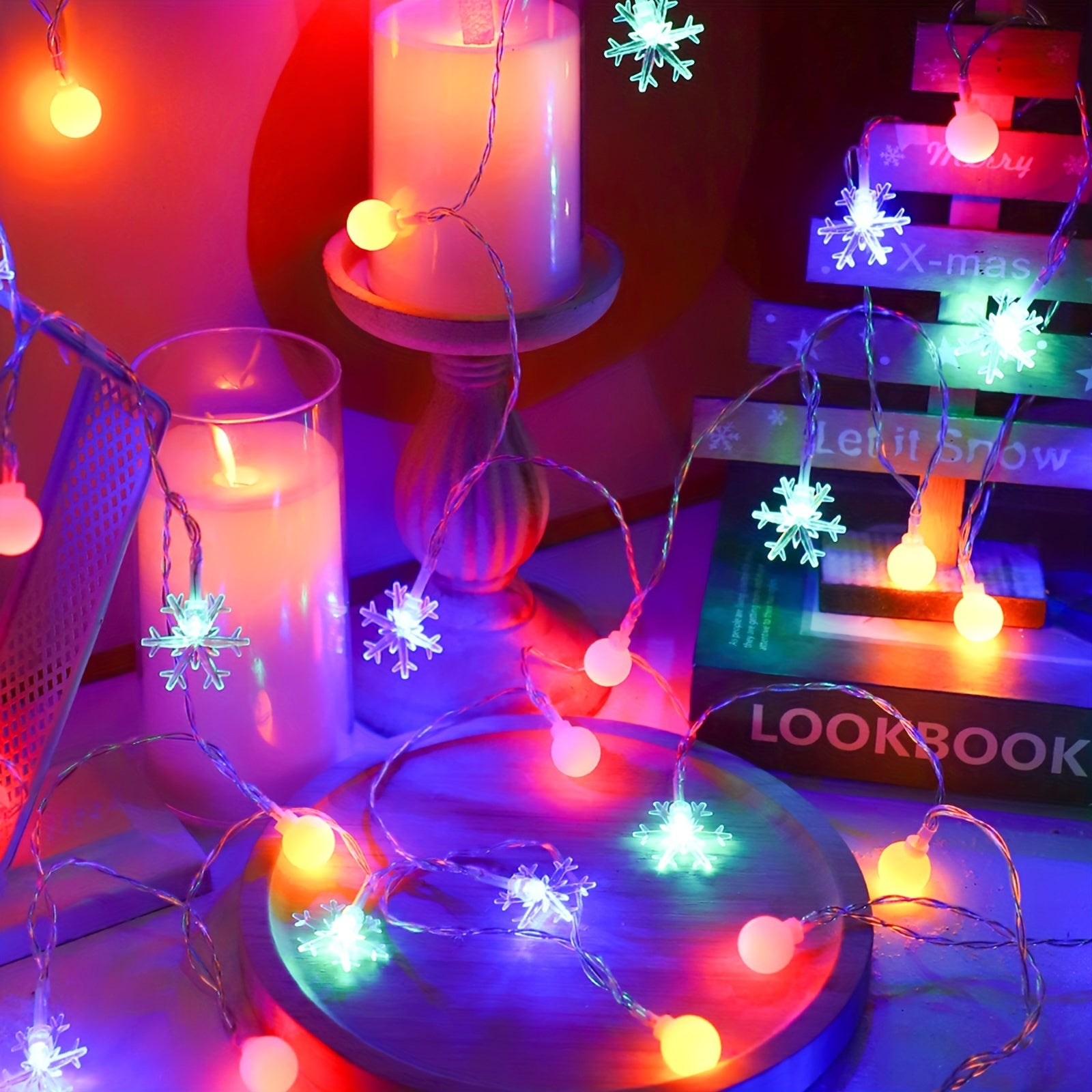 Luces de cadena de bolas blancas de copo de nieve para Navidad, decoración de árbol interior