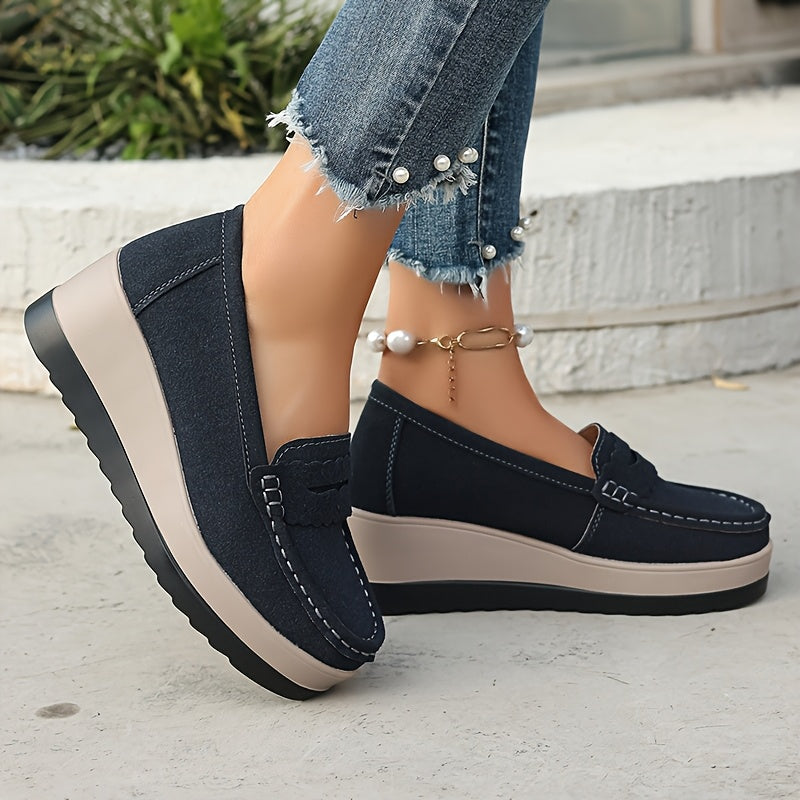 Women's Platform Loafers Slip-On Casual Shoes Non-Slip Solid Color