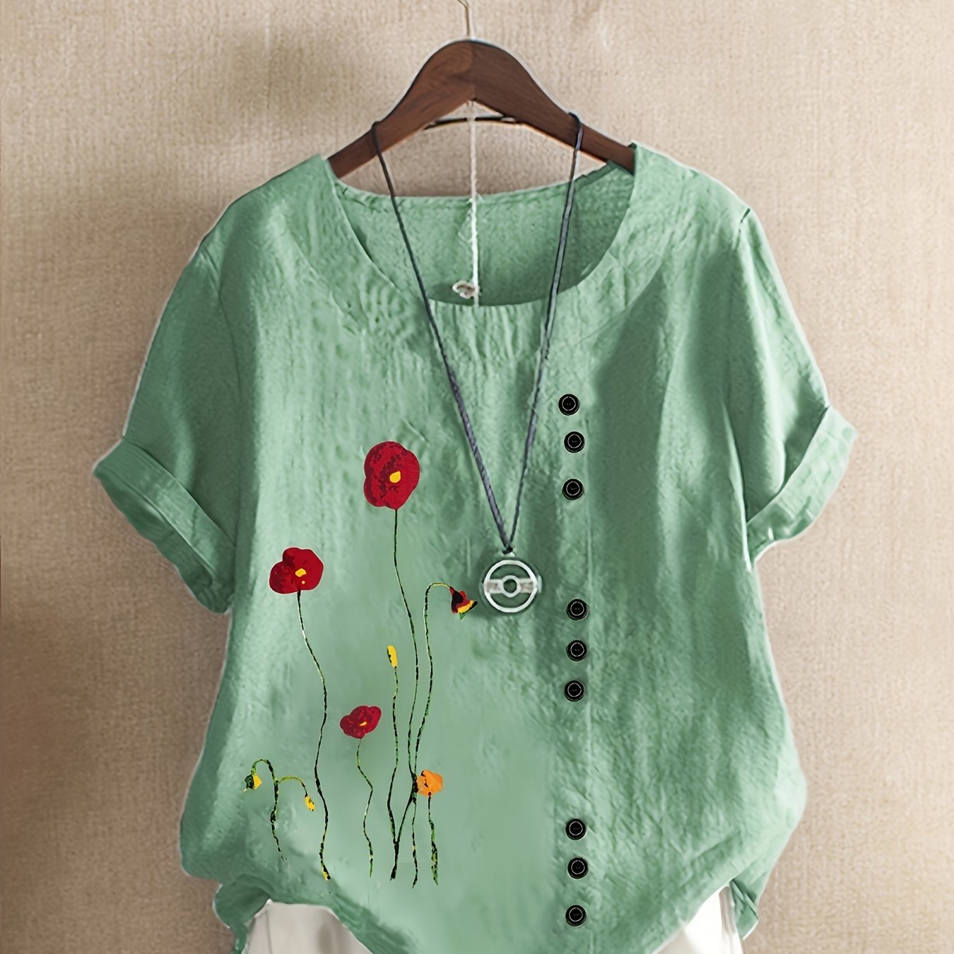 Plus Size Floral Print Blouse Soft Polyester Blend Short Sleeve Casual Top for Women